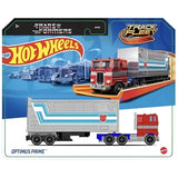 Mattel Hot Wheels Transformers Track Fleet Optimus Prime 1:64 scale with trailer box package front digital sample