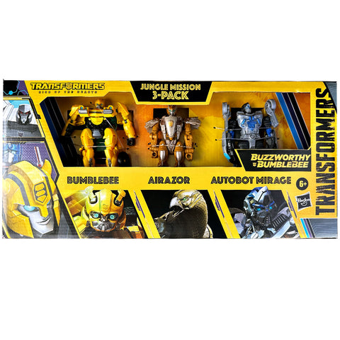 Transformers Rise of the Beasts ROTB Buzzworthy Bumblebee Junle Mission 3-pack airazor mirage box package front photo