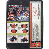 The Transformers Gears G1 minicar lynsa peru yellow blue box package back unpunched card