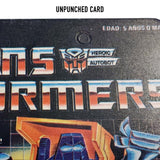 The Transformers Huffer G1 minicar lynsa peru yellow blue box package front unpunched card close up