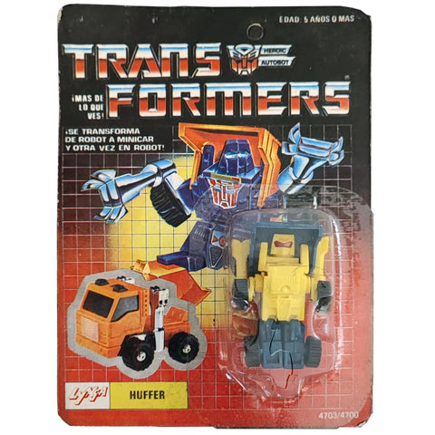 The Transformers Huffer G1 minicar lynsa peru yellow blue box package front unpunched card