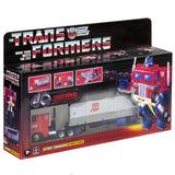 Transformers 40th Anniversary TFTM Retro reissue G1 Optimus Prime with trailer walmart exclusive box package front angle