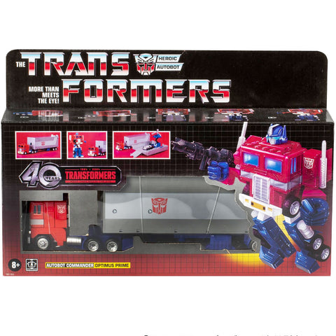 Transformers 40th Anniversary TFTM Retro reissue G1 Optimus Prime with trailer walmart exclusive box package front 