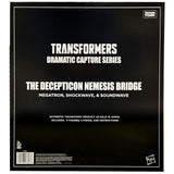 Transformers Dramatic Capture Series Nemesis Bridge 3-Pack Hasbro USA Soundwave Megatron Shockwave box package outer black sleeve back