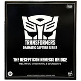 Transformers Dramatic Capture Series Nemesis Bridge 3-Pack Hasbro USA Soundwave Megatron Shockwave box package outer black sleeve front