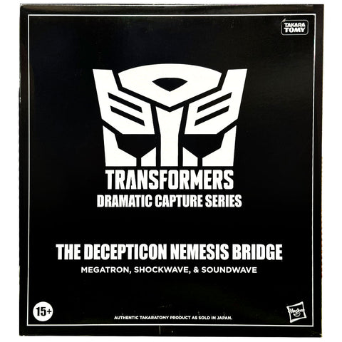 Transformers Dramatic Capture Series Nemesis Bridge 3-Pack Hasbro USA Soundwave Megatron Shockwave box package outer black sleeve front