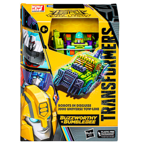 Transformers Buzzworthy bumblebee Legacy Evolution Robots In Disguise 2000 Universe Tow-Line Deluxe Target exclusive box package front