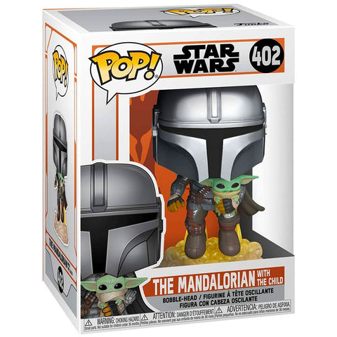 Funko Pop! 402 Star Wars The Mandalorian flying with the child box package render