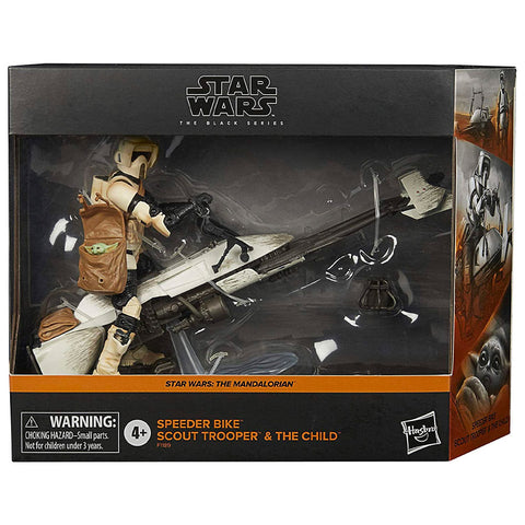 Hasbro Star Wars The Black Series Mandalorian Speeder Bike Scout Trooper Child Baby Yoda vehicle gift set amazon exclusive box package front