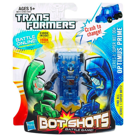 Transformers Botshots Series 1: Super Bot 004 Optimus Prime blue clear box package front