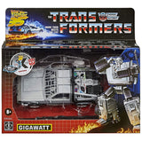 Transformers Generations Collaborative Back to the Future Crossover Deluxe Gigawatt delorean box package front clear windshield sample